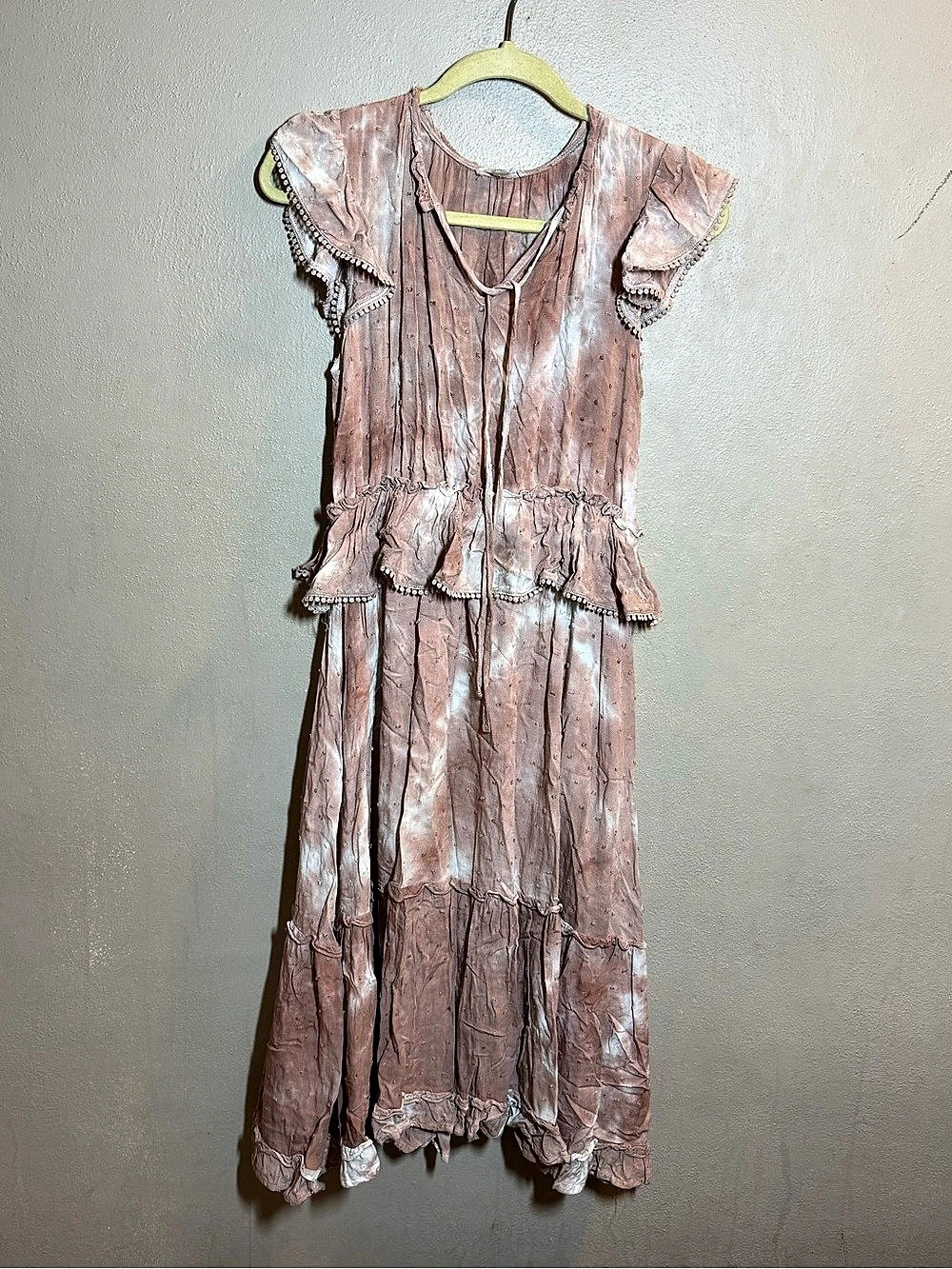 Umgee Pink Tie Dye Ruffled Cap Sleeve Tiered MIDI Dress Sz Med